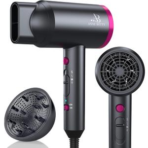 ANNE BETTY Ionic Hair Dryer with Diffuser, Powerful 1800W Blow Dryer for Women & Men, Fast-Drying Hair Dryer with Nozzle for Home, Salon, Travel (Dark Gray)