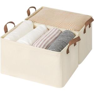 StorageWorks Storage Bins, Shelves Baskets for Organizing, Large Fabric Closet Organizers with Handles, Metal Frame, Beige?Texture?, 2-Pack