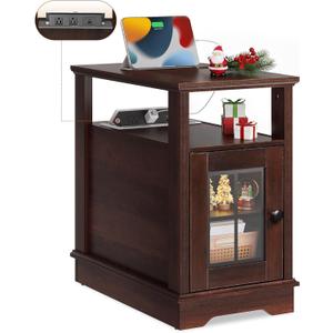 WLIVE Farmhouse End Table with Charging Station, Narrow Side Table with Storage, Small Nightstand with USB Ports and Outlets Bedside Cabine for Bedroom, Living Room,Espresso