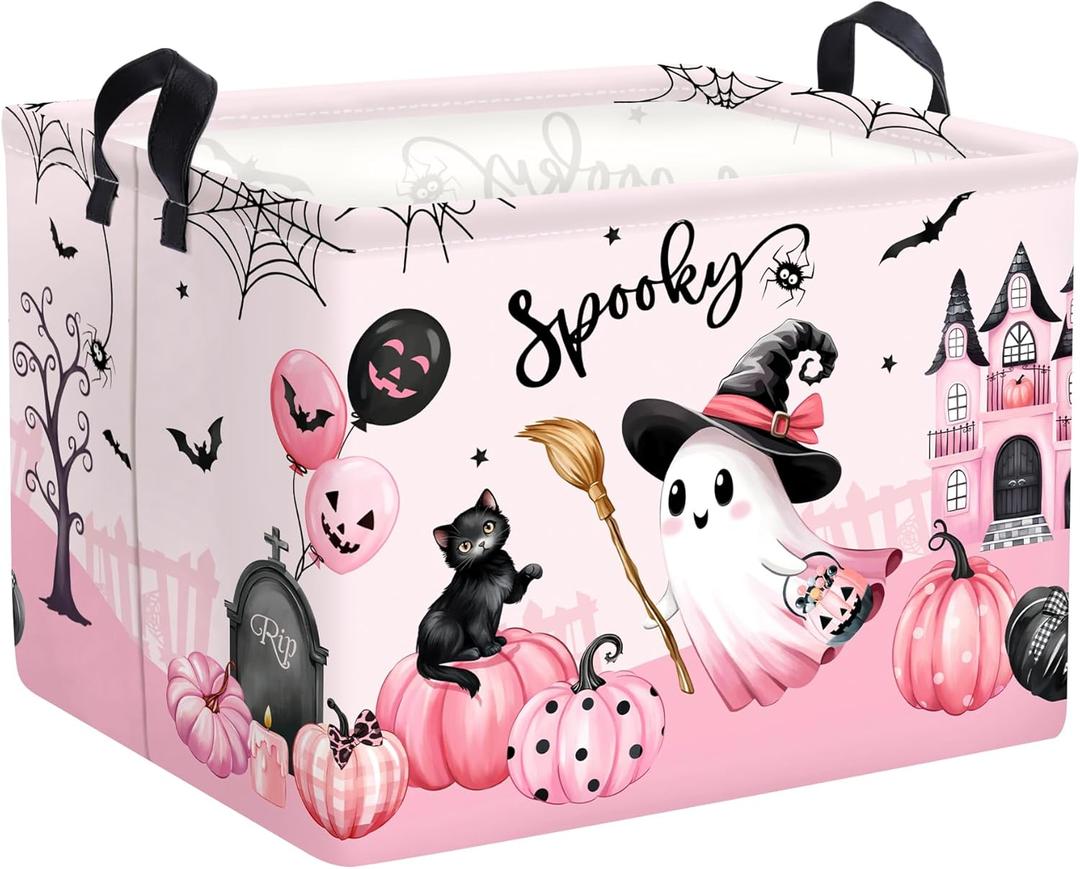Halloween Baby Storage Basket Ghost Bat Pumpkin Collapsible Clothes Kids Laundry Hamper Large Boys Girls Gift Toy Box Bin for Nursery Room,Pink Haunted House,40 * 30 * 30 cm (36L)