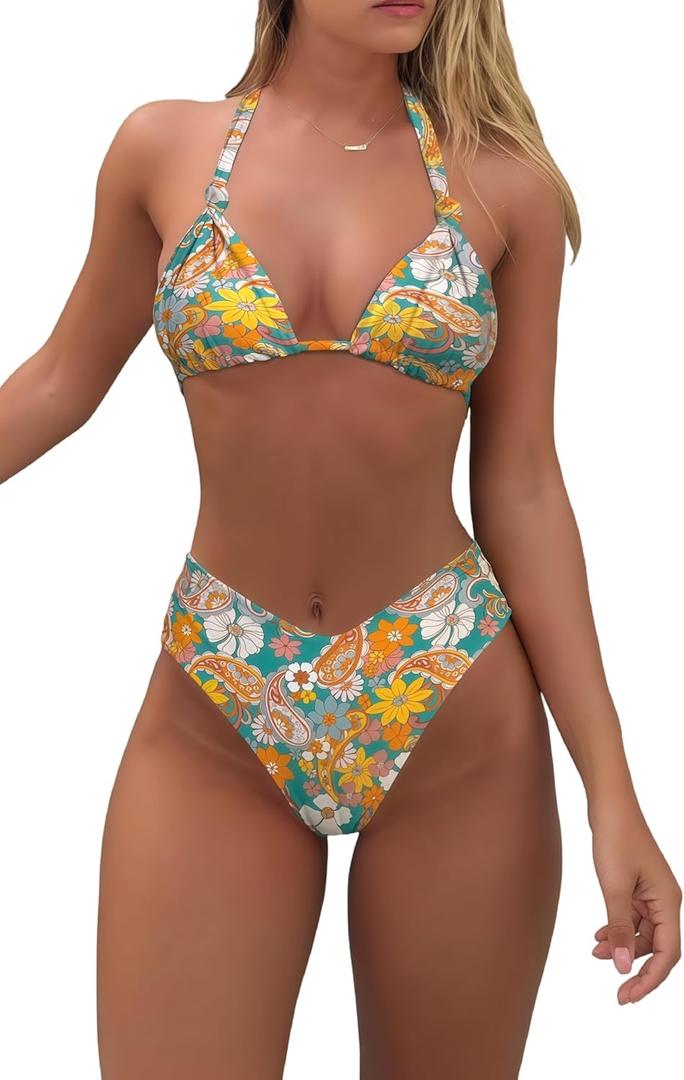 Bikini Sets for Women Sexy Halter Triangle String Bikini Cheeky V Cut High Waisted Thong Swimsuits 2 Piece (Medium, Light Green Floral)