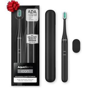 Aquasonic Icon ADA-Accepted Rechargeable Toothbrush | Magnetic Holder & Slim Travel Case | 2 Brushing Modes & Smart Timers | Gentle Micro-Vibrations(Onyx) (1 Count (Pack of 1))