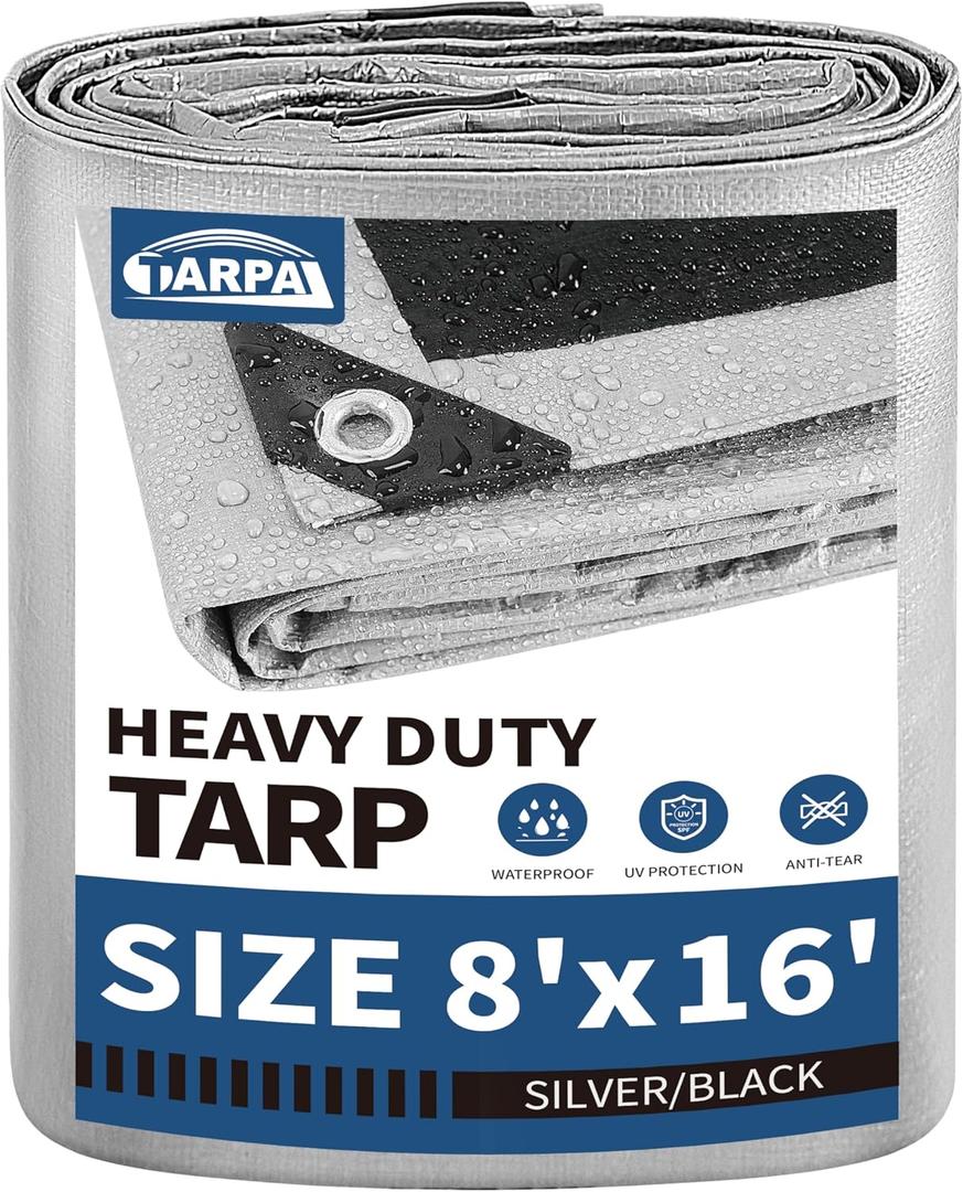 TARPAL 8x16 Feet Tarps Silver 10.5Mil Multipurpose Protective Cover Heavy Duty Tarp Waterproof,Snow or UV Protection,Durable Reinforced Edges