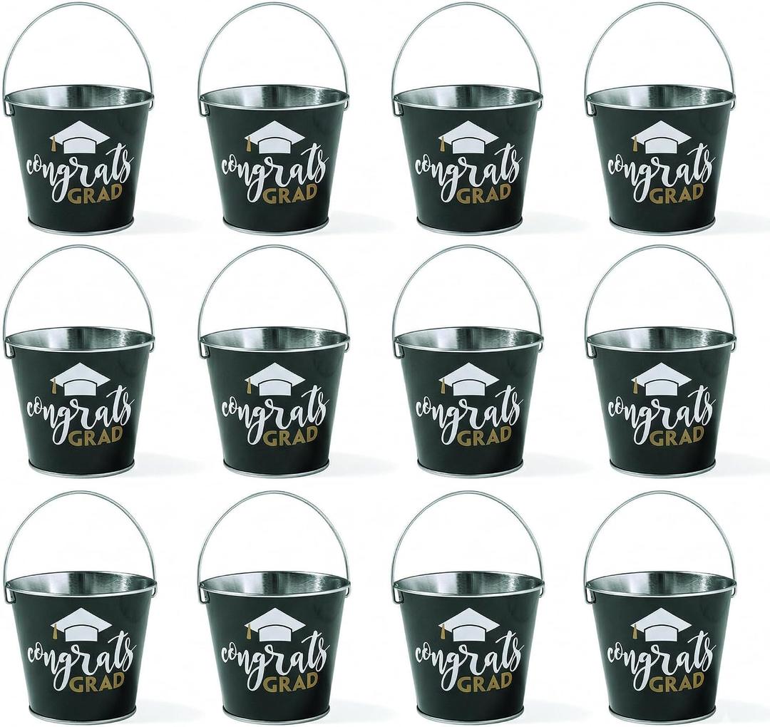 Fun Express Graduation Decorations 2026 Metal Pails Set of 12 - Graduation Party Favors for Guests with Congrats Grad Cap Design | Small Candy Boxes for Treats & Gift Giving | Senior Class Supplies