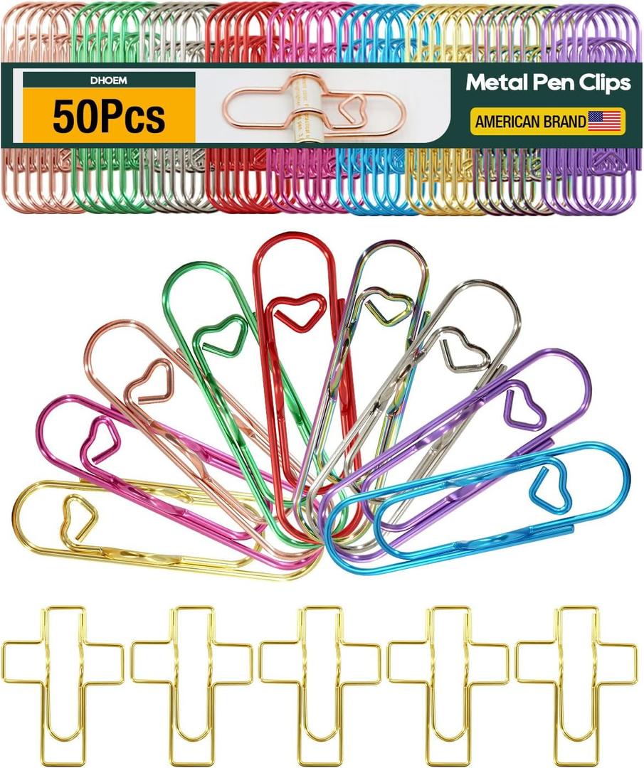 50 Pcs Metal Pen Holder Clips for Notebook, Heart Pen Clip for Notebook, Jumbo Paper Clips with 10 Colors (Gold, Rose Gold, Silver, Blue, Pink, Purple, Green, Red, Rainbow, Rose Gold Cross)