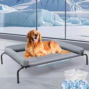 42''Cooling Elevated Dog Bed with Pillow,Outdoor Indoor Raised Dogs Bed with Six Support Feet,Breathable Dog Cot Beds Teslin Medium Large Size Dogs,Pet Hammock Beds, Pet Beds with 4 Ice Pack (Medium)