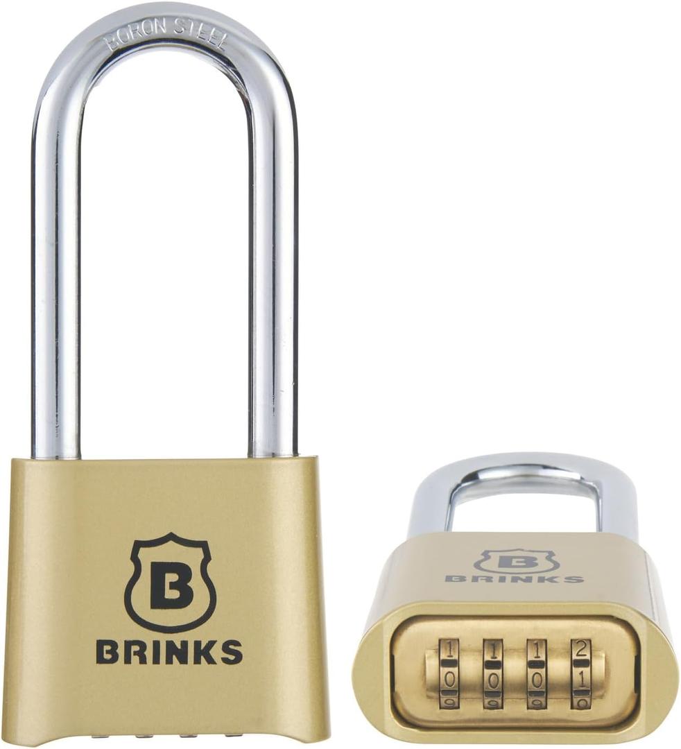 Brinks 671-49002 50mm 4-Dial Resettable Combination Lock with Chrome Plated Boron Steel Shackle and 2 3/8" Shackle Clearance, Brass Plated