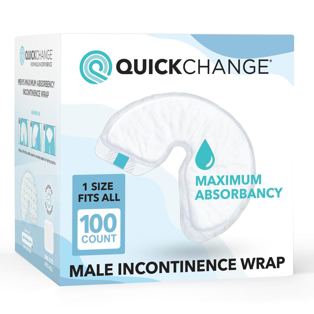 QuickChange Men's Incontinence Wrap, Maximum Absorbency Catheter Alternative for Males with Reduced Mobility | 17 Ounce Capacity, Adjustable Size, 100-Count 