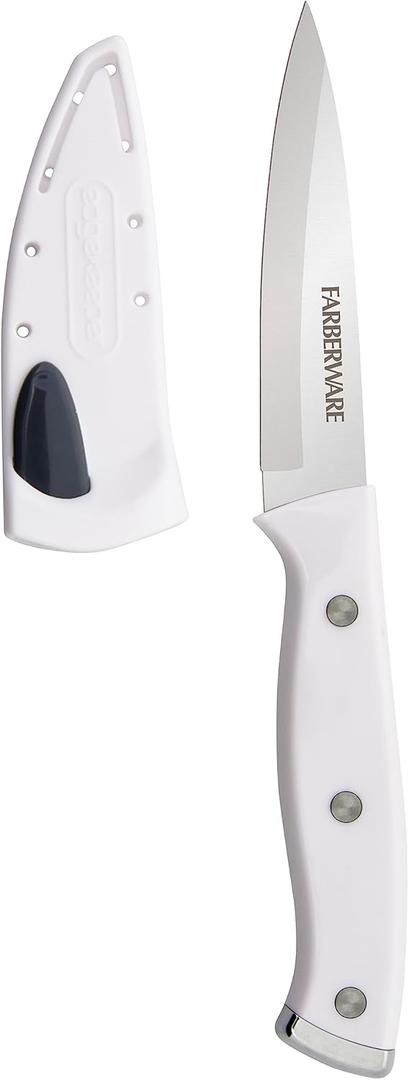 Farberware Edgekeeper Triple Riveted Paring Knife with Self-Sharpening Blade Cover, High Carbon-Stainless Steel Kitchen Knife with Ergonomic Handle, Razor-Sharp Knife, 3.5 Inch, White