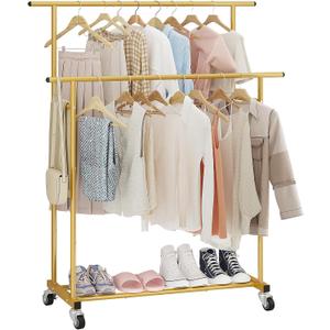Calmootey Double Rod Clothing Garment Rack,Rolling Hanging Clothes Rack,Portable Clothes Organizer for Bedroom,Living Room,Clothing Store,Gold