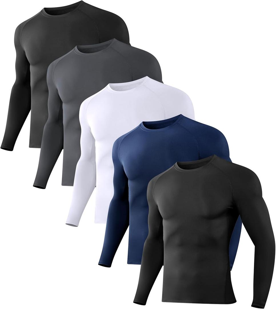 Dalavch 5 Pack Men’s Compression Shirts Long Sleeve Athletic Workout Rash Guard Gym Active Sports Undershirt Base Layer Top (XL)