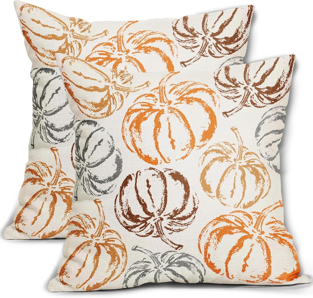Fall Pillow Covers 18X18 Inch Set of 2 Burnt Orange Brown Grey Pumpkin Decorative Pillow Cases Autumn Harvest Thanksgiving Cotton Linen Cushion Case Holiday Home Decor For Sofa Bed Couch Outdoor