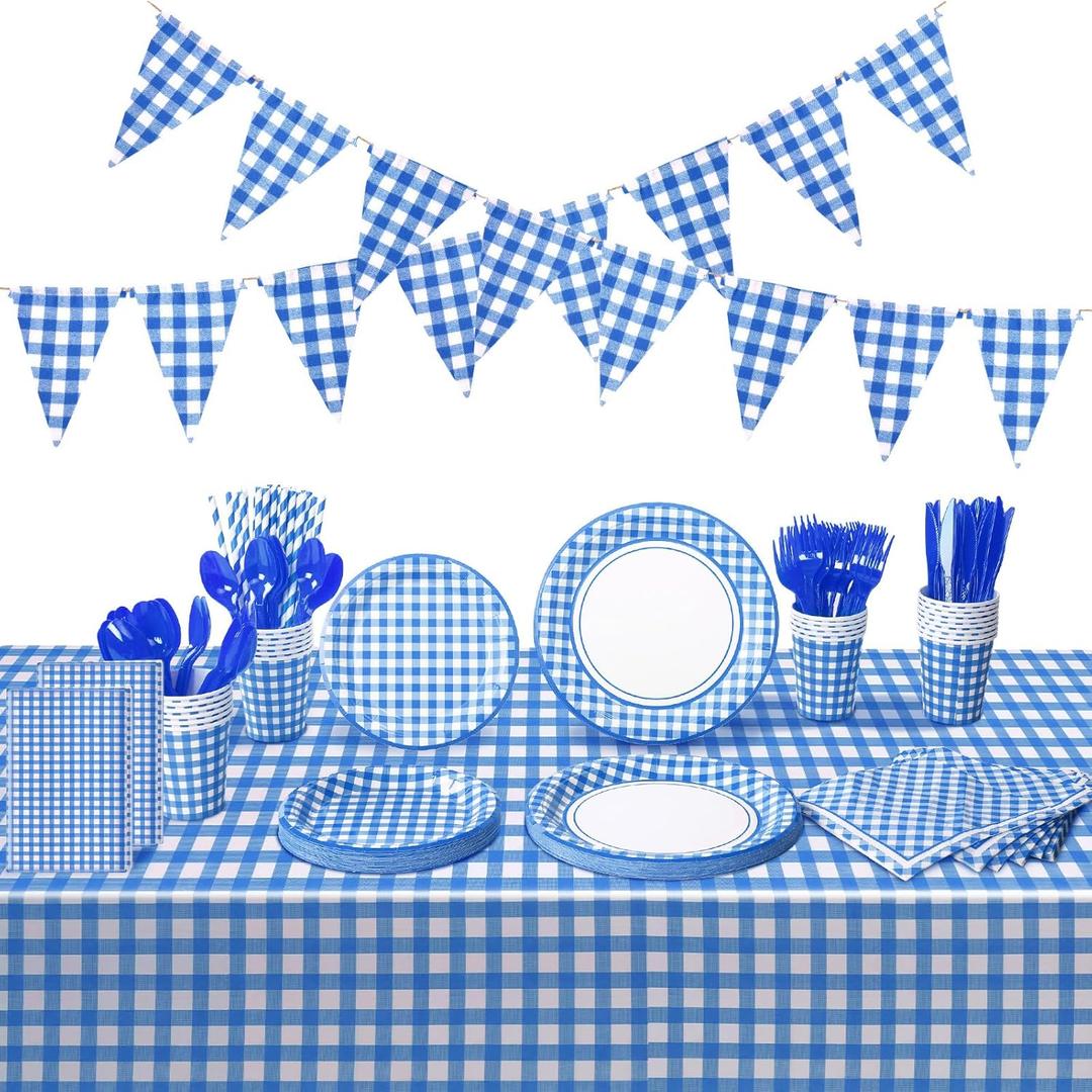 205 Pcs Party Supplies for 25 Guest Checkered Plaid Tablecloth Pennant Banner Plate Cup Napkin Cutlery and Straw for Birthday Party Family Dinner Picnic BBQ Birthday Party Decoration (Blue and White)
