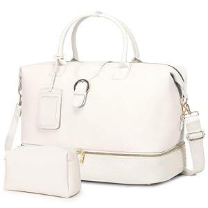 Large Leather Weekender Bags for Women, Travel Duffel Bag PU Overnight Bag Carry On Tote Bag with Shoe Compartment Wet Pocket and Toiletry Bag for Travel Business Women Men