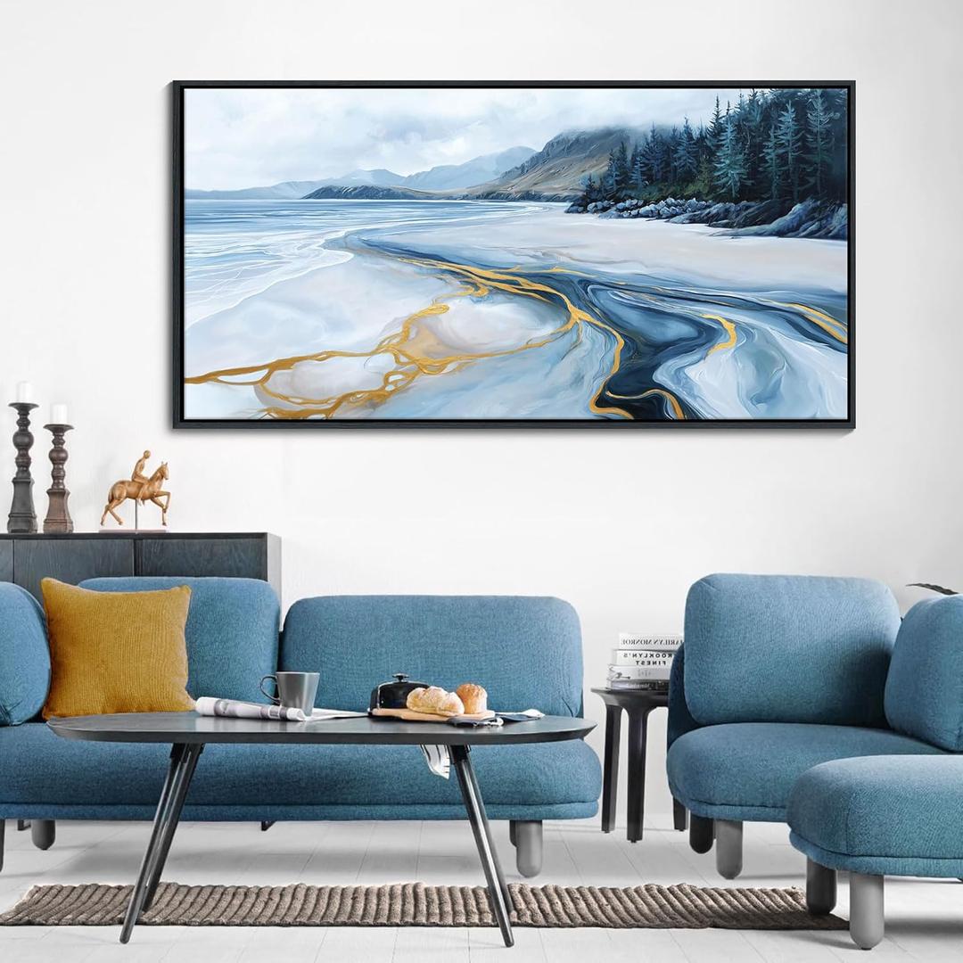 Blue and Gold Abstract Wall Art - Ocean Beach Pictures for Living Room Coastal Bedroom Paintings for Wall Decor Framed Landscape Artwork for Walls large Modern Decoration 2448IN