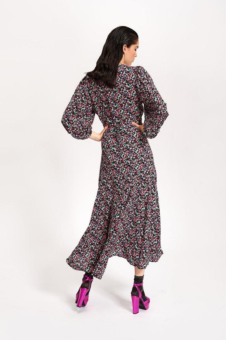 Women's Spring Wrap Maxi Dress Floral V Neck Long Sleeve Wedding Guest Party Casual Chiffon Dress (Large)