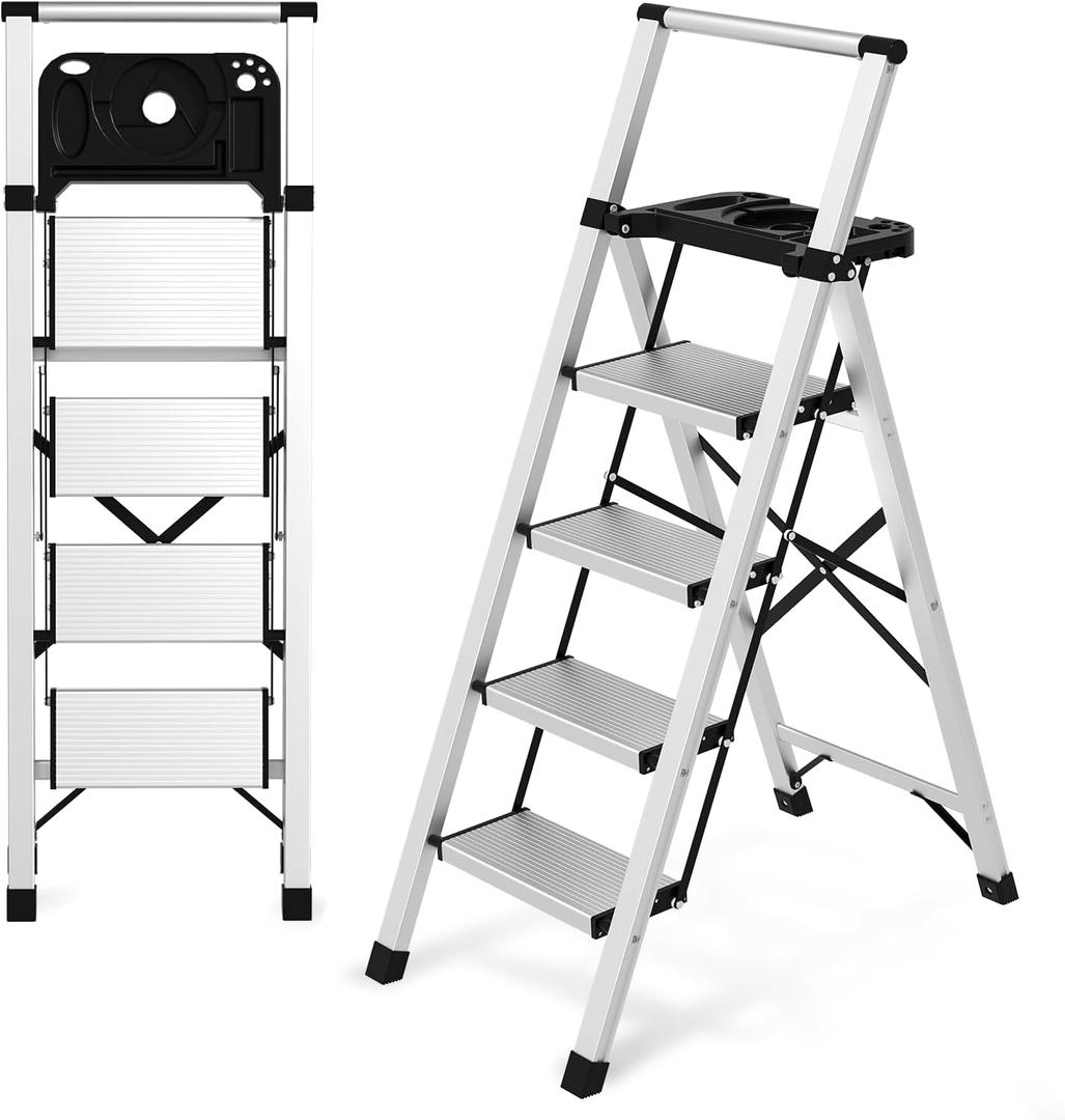 4 Step Ladder with Tool Tray - 600lbs Heavy Duty Lightweight Step Stool with Extended Handrails, Work Platform for Home Maintenance & DIY Projects