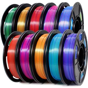 3D Printer Filament Bundle,1.75MM Silk PLA Filament Multicolor 250g*10 Rolls,Bulk Filament fits for Most FDM 3D Printers.