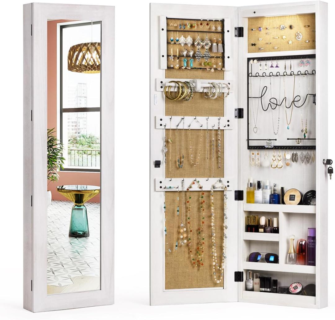 SRIWATANA Jewelry Armoire Cabinet, Solid Wood Jewelry Organizer with Full Length Mirror Wall/Door Mounted(Washed White)