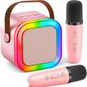 Mini Karaoke Machine for Kids Adults, Portable Bluetooth Speaker with 2 Wireless Microphones, LED Lights, Singing System for Family Home Party, Voice Changer, Boys Girls Karaoke Machine with Speaker