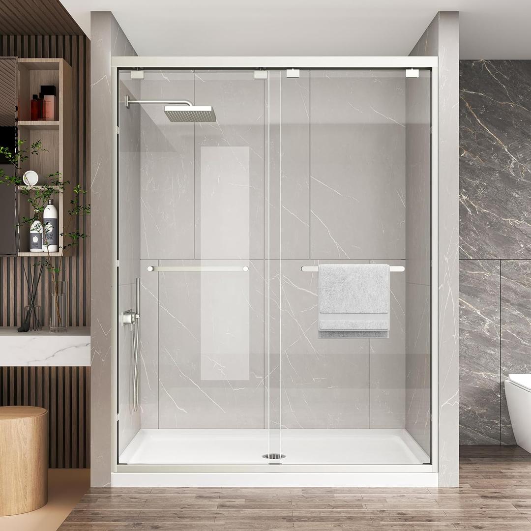 KPUY Glass Shower Door, 55-60" W x 76" H Semi-Frameless Double Sliding Shower Door, 1/4" (6mm) Thick Tempered Clear Glass with Explosion-Proof Film Nano Coating, Brushed Nickel