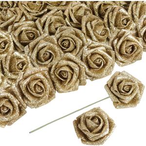 30 PCS Gold Artificial Flowers Glitter Roses Artificial Roses 2.17 in Foam Fake Flowers with Stem for Wedding Home Party DIY Bridal Bouquet Centerpieces Decor(Gold)