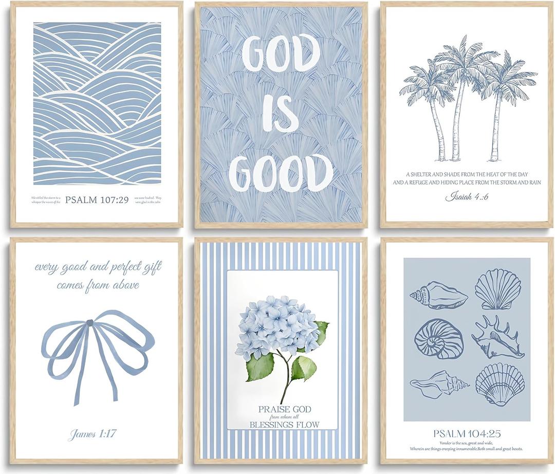 6Pcs Coastal Christian Wall Art Blue Beachy Seashell Bible Verses Wall Decor Pictures Coastal Granddaughter Preppy Aesthetics Posters Prints for Bedroom Dorm Apartment Unframed (16L x 12W)