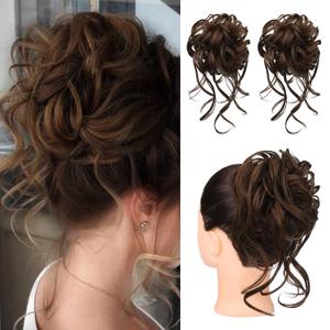 HOOJIH Messy Bun Hair Piece, 2PCS Tousled Updo with Tendrils Hair Bun Extensions Wavy Curly Hair Wrap Ponytail Hairpieces Hair Scrunchies for Women HB010 Dasiy - Warm Brown with little black mixed