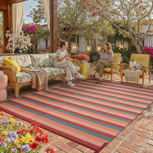 PureCozy Outdoor Waterproof Patio Rug 8x10 Plastic Straw Reversible Outside Orange Red Colorful Striped Carpet Lightweight Large Rug for Camping RV Porch Deck Balcony Beach