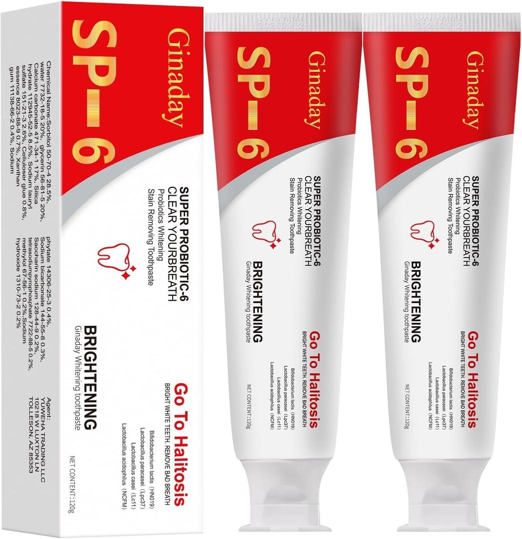 2 Pcs SP-6 Brightening Probiotic Toothpaste,Deep Cleaning Care Fresh Breath SP-6 Ultra Whitening Toothpaste, (4.23 Fl Oz, Pack of 1) 2 Pcs SP-6 Brightening Probiotic Toothpaste,Deep Cleaning Care Fresh Breath SP-6 Ultra Whitening Toothpaste, (4.23 Fl Oz, Pack of 1)