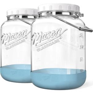 1 Pack 1.5 Gallon Glass Jar With Airtight Lid, Large Mason Jars Wide Mouth with Scale Marks, Big Glass Storage Containers with Heavy-duty Handles & Non-slip Bases - for Flour, Pickling (192Oz)