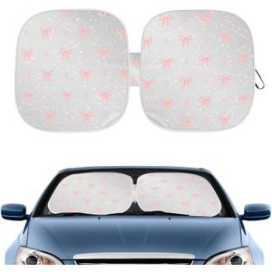 Pink Bow Print Car Windshield Sun Shade, Foldable Reflective UV Protection Sun Visor with Storage Pouch, Auto Interior Accessories for Sedan, SUV, Hatchback