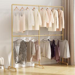 Industrial Pipe Clothing Rack, Double Rod Clothes Rack for Hanging Clothes, Heavy Duty Metal Garment Rack for Home Retail Boutique (Gold)