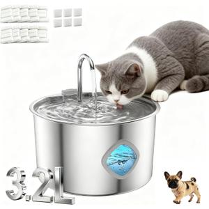Cat Water Fountain Stainless Steel, 3.2L/108oz Quiet Water Fountains for Cats Indoor, Water Level Window, Quadruple Filtration Pet Water Fountain for Cats/Puppy (10 Filter 6 Filter Cotton)