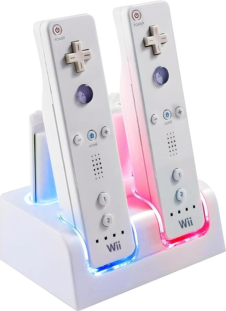 Wii Charging Dock Charger Station, 4 Port Wii Remote Controller Charger with 4 Pcs 2800mAh Rechargeable Batteries (White)