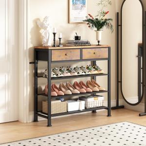 Kitstorack Shoe Rack, 4 Tier Shoe Organizer for 9-12 Pairs of Shoes, with 2 Drawers, 3 Fabric Shelves and Wooden Top, Shoe Rack for Closet Entryway, Rustic Brown