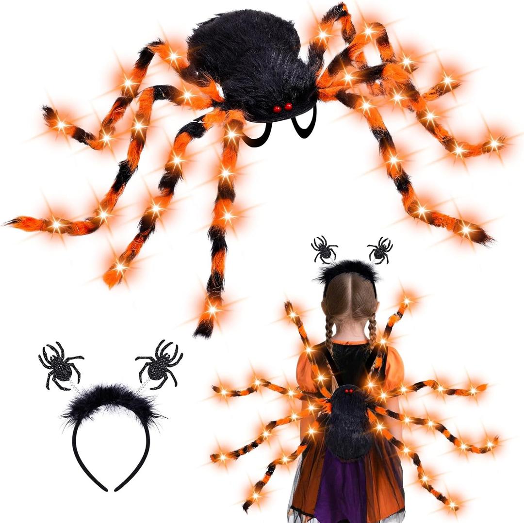 Halloween Giant Spider Costume for Kids Adults, Orange 60 LED Light-Up Spider Candy Backpack with Headband Halloween Party Props and Decorations Battery Required