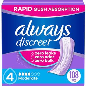 Always Discreet Adult Incontinence Pads for Women, Moderate Absorbency, Regular Length, Postpartum Pads, 108 Count (2 Packs of 54)