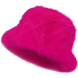 LA CARRIE Women's Fuzzy Wide Brim Faux Fur Bucket Hat Winter Warmer Fisherman Cap (Pink)