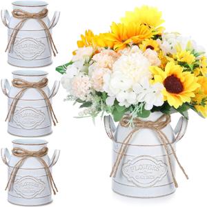 Roshtia 4 Pcs 6 Inch Vintage Galvanized Milk Can Vase Spring Farmhouse Metal Vases Milk Jug Vase Decor with Handle Rustic Flowers Buckets for Weddings Table Centerpiece (Retro White)
