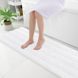 Grandaily Chenille Striped Bathroom Rugs 59x20, Extra Thick and Absorbent Bath Rugs, Non-Slip Soft Plush Shaggy Bath Carpet, Machine Wash Dry, Bath Mats for Bathroom, White