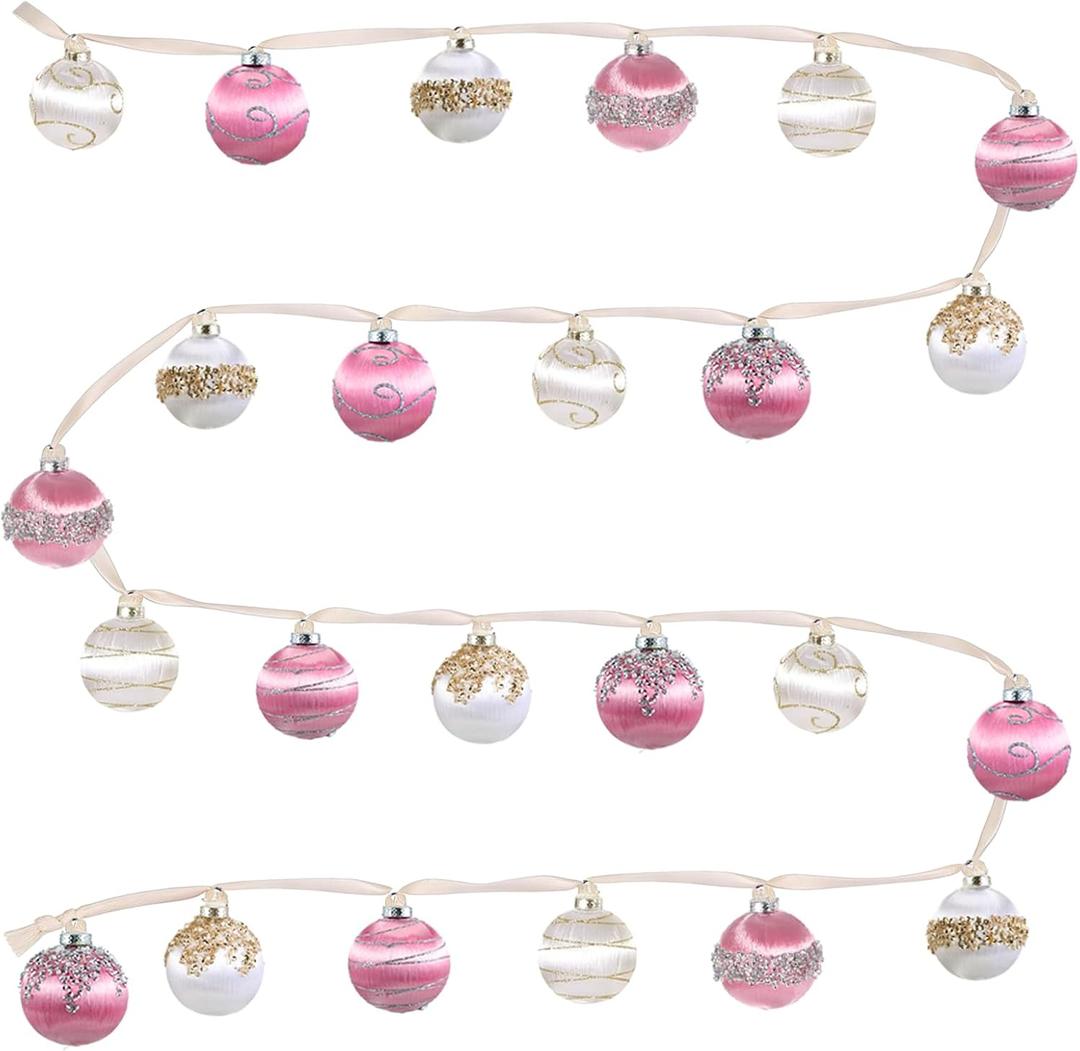 10 ft Christmas Ball Ornament Garland Hanging Christmas Satin Silk Ball Ornaments String Garland Xmas Ornament Decoration for Xmas Tree Fireplace Wreath Decorations(Pink, White)