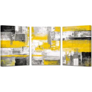 KREATIVE ARTS 3 Pieces Abstract Canvas Poster Prints Contemporary Creative Yellow Grey Picture Wall Art Framed Artwork Ready to Hang Living Room Bedroom Each Panel 12x16 Inches