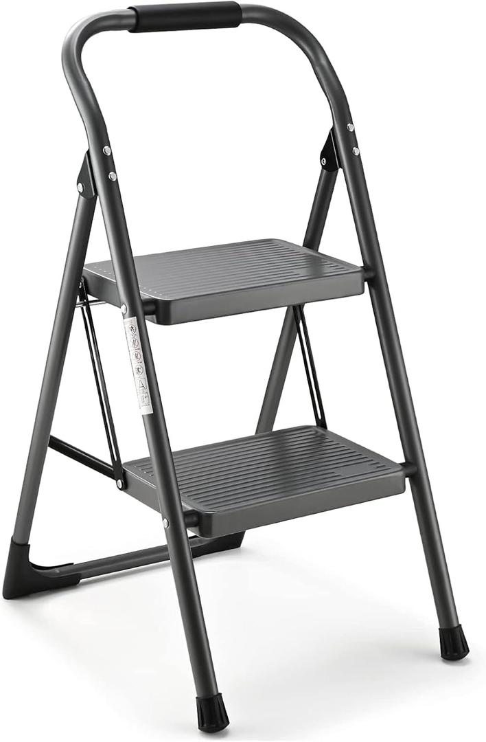 Step Stool for Adults,2 Step Ladder Folding 330lbs Anti Slip Step Stool,Foldable Ergonomic 2 Steel Stool with Wide Pedal for Home, Kitchen, Office (Gray)