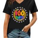 100 Days of School Shirt Teacher Happy 100th Day of School Graphic T-Shirt Casual V Neck Short Sleeve Tee Tops (Black, XL)