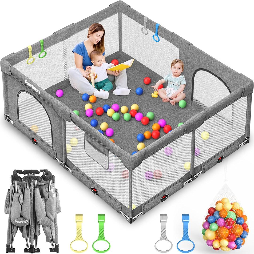 Foldable Playpen for Babies and Toddlers: 71" L x 59" W x 27" H(External Dimensions), Large Kids Play Yard, Portable for Indoor and Outdoor Play Area, Baby Gate with 50PCS Ocean Ball, 4 Handles (Grey Without Mat)