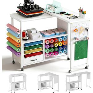 360 Rotating Craft Cart with 26 Vinyl Rolls Storage & Side Pegboards | Mobile Rolling Workstation for Heat Press, Compatible with Cricut Machines | Locking Brakes for Craft Room Home Office