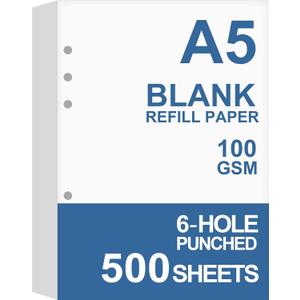 (5-Pack) A5 Blank Paper, Refills for Filofax Planner, Organizer, Binders, 6 Hole Punched, Total 500 Sheets/1000 Pages, 100gsm, White, 5.8 x 8.2 Inch, 6 Hole Filler Paper