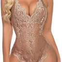 Avidlove Women One Piece Lingerie Deep V Teddy Sexy Lace Bodysuit Snap Crotch Babydoll (Medium, B-skin)