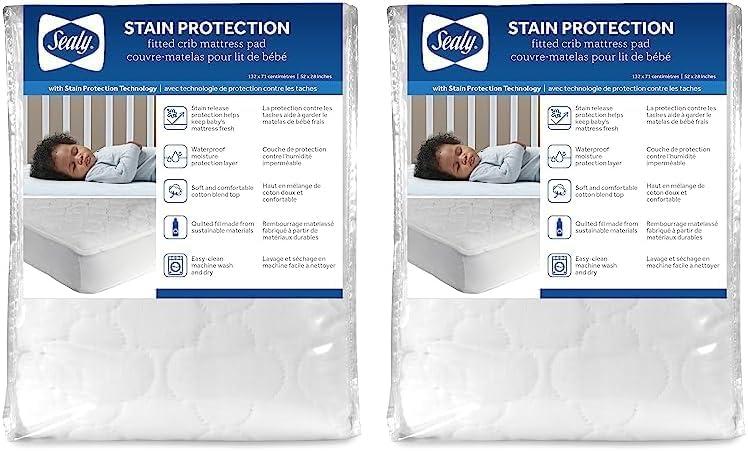 Sealy Baby Stain Protection Fitted Waterproof Infant Crib Mattress Protector Pad and Toddler Bed Cover, Durable and Comfortable Topper, Machine Washable and Dryer Friendly, 52 x 28- White, 2 PAck